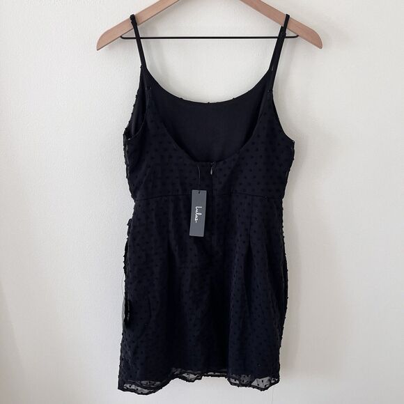 Lulus Black Swiss Dot Mini Wrap Dress - Medium - Picture 10 of 12